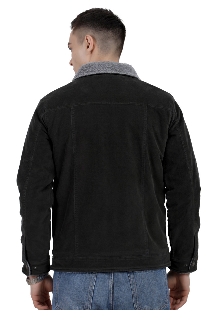 A back pose of a man wearing a Forest Green Corduroy jacket with a collar neck, zipper closure and pocket in hand designed for casual winter layering and comfort.